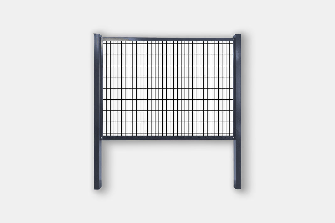 Grey frame hog wire fence kit with 2" x 6" black welded mesh, steel posts and rails