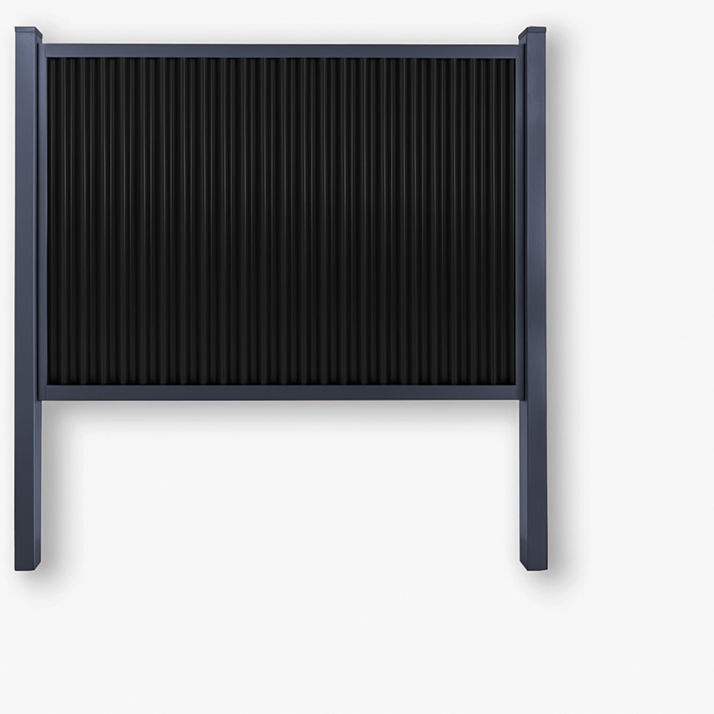Grey frame metal privacy fence kit with black corrugated panel, steel posts and rails