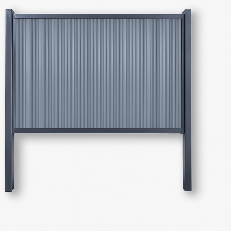 Load image into Gallery viewer, Grey frame metal privacy fence kit with grey corrugated panel, steel posts and rails
