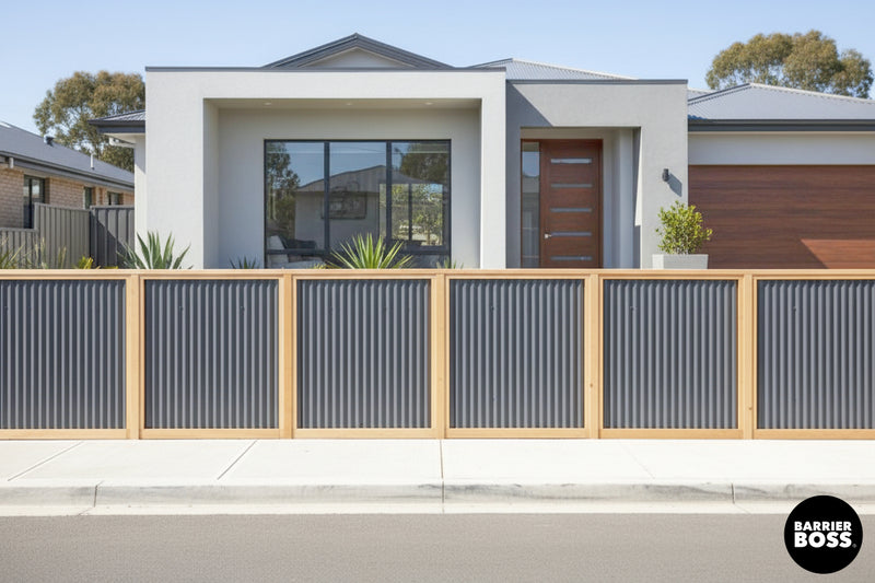 Load image into Gallery viewer, Corrugated Metal Fence Panels - Cedar Framed Privacy Fence (Premade) - The Malibu - BARRIERBOSS™ USA
