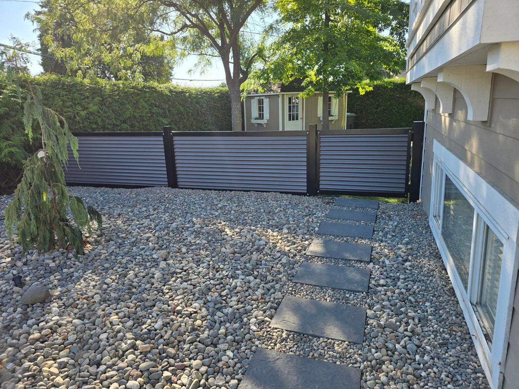 Horizontal Corrugated Metal Fence Panels with Black Steel Post Frame System - The Deep South - BarrierBoss™
