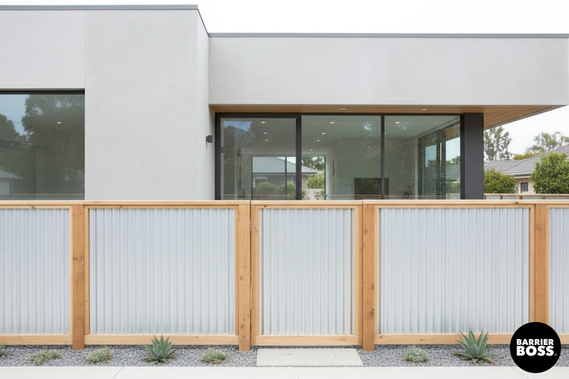 Load image into Gallery viewer, Corrugated Metal Fence Panels - Cedar Framed Privacy Fence (Premade) - The Malibu - BARRIERBOSS™ USA
