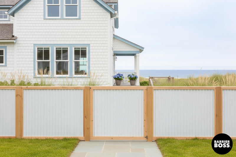 Load image into Gallery viewer, Corrugated Metal Fence Panels - Cedar Framed Privacy Fence (Premade) - The Malibu - BARRIERBOSS™ USA

