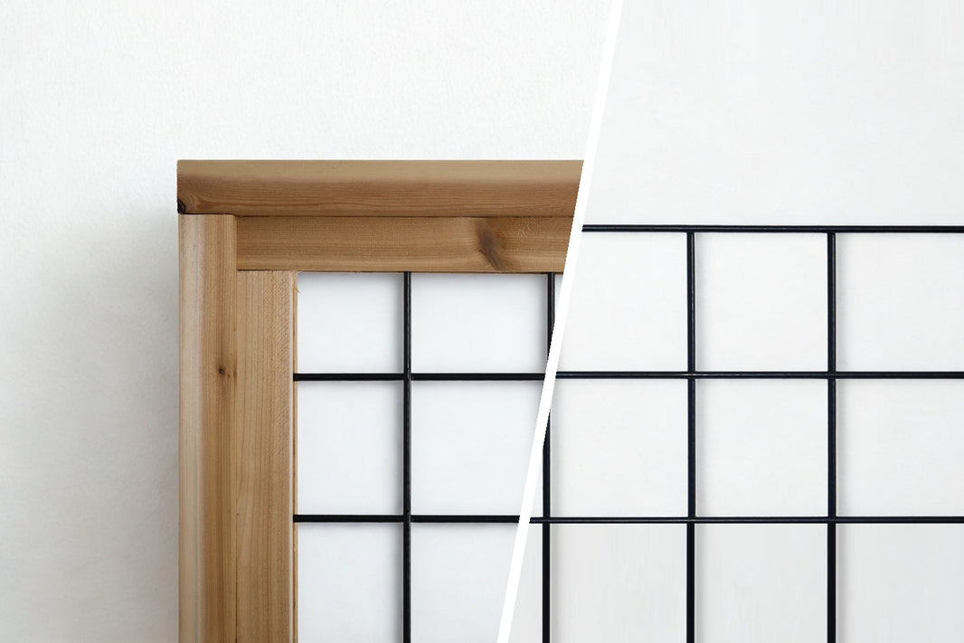Black hog wire fence panel shown framed in Western Red Cedar and unframed, 4" x 4" opening in 6-gauge steel