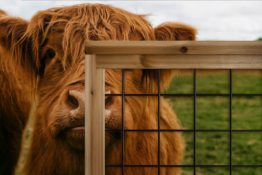 Highland cow peeking through a cedar-framed cattle panel fence with black welded wire grid.