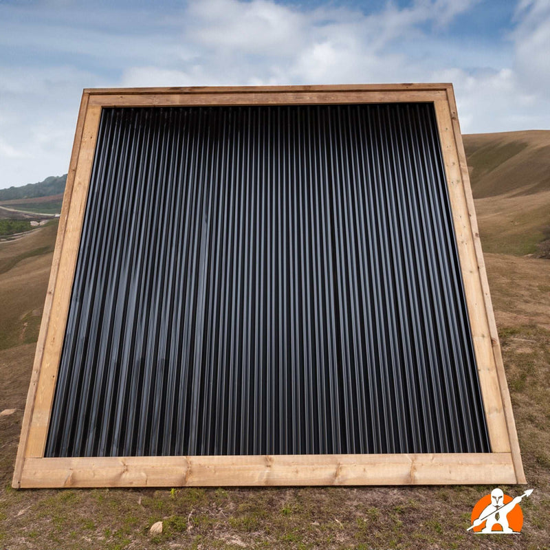 Load image into Gallery viewer, Corrugated Metal Fence Framed in Brown Pressure Treated Lumber - BarrierBoss™
